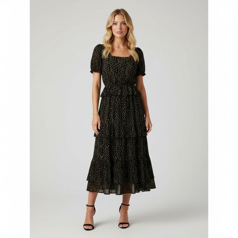 Victoria Dunn Augusta Black Gold Metallic Clip Dot Maxi Dress XS Smocked Square